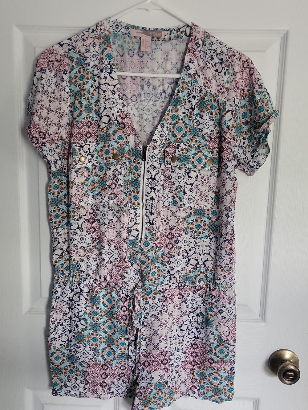 Forever 21 Floral Geometric Print Short Sleeve Romper - White, Teal, Mauve